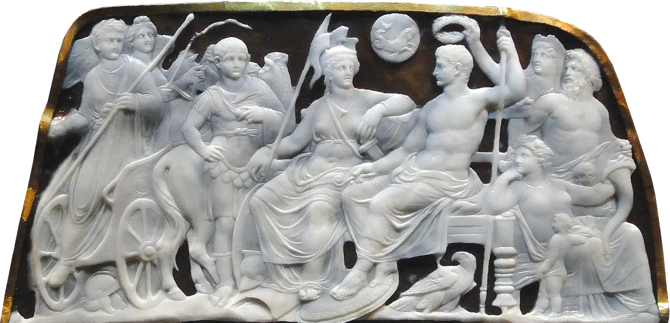 Caméé en onyx représentant Auguste avec des divinités romaines. Scène de couronnement, détails sculptés.