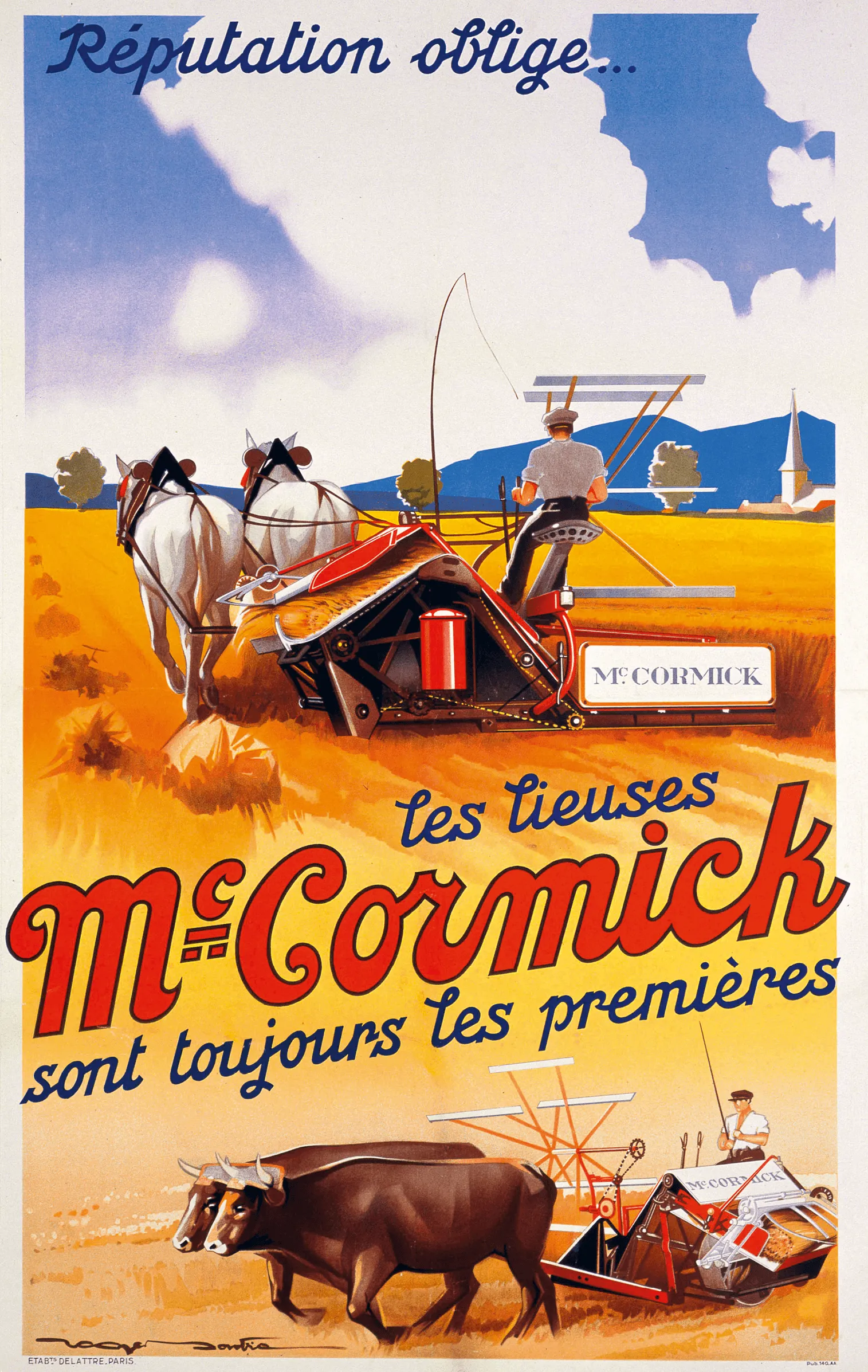 Affiche publicitaire années 1920 de McCormick illustrant des moissonneuses-lieuses tractées par des chevaux et des bœufs dans un champ.