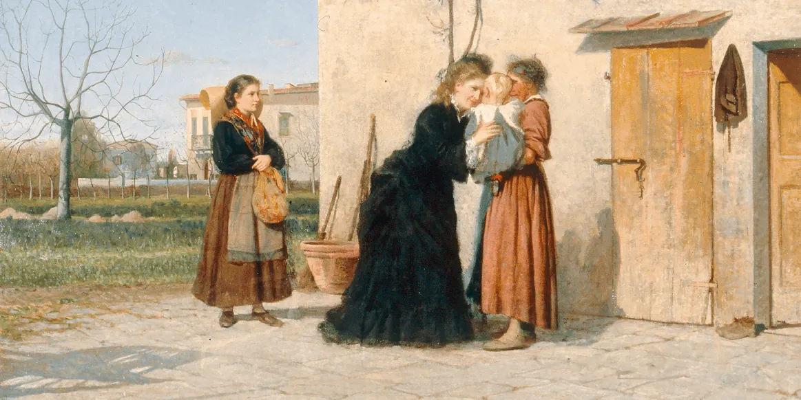 Peinture de Silvestro Lega, Visite chez la nourrice (1873). Trois femmes et un bébé près d'une maison. Une femme en noir tient l'enfant.