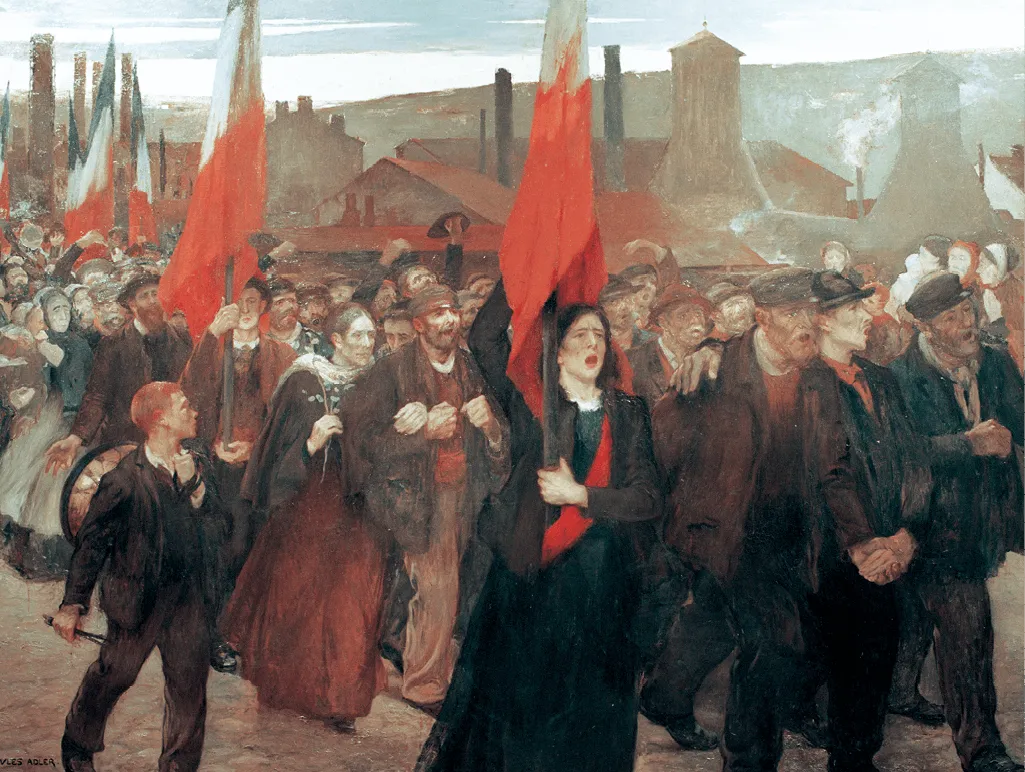 Peinture d'une manifestation ouvrière, drapeaux rouges et blancs, foule nombreuse, femme chantant