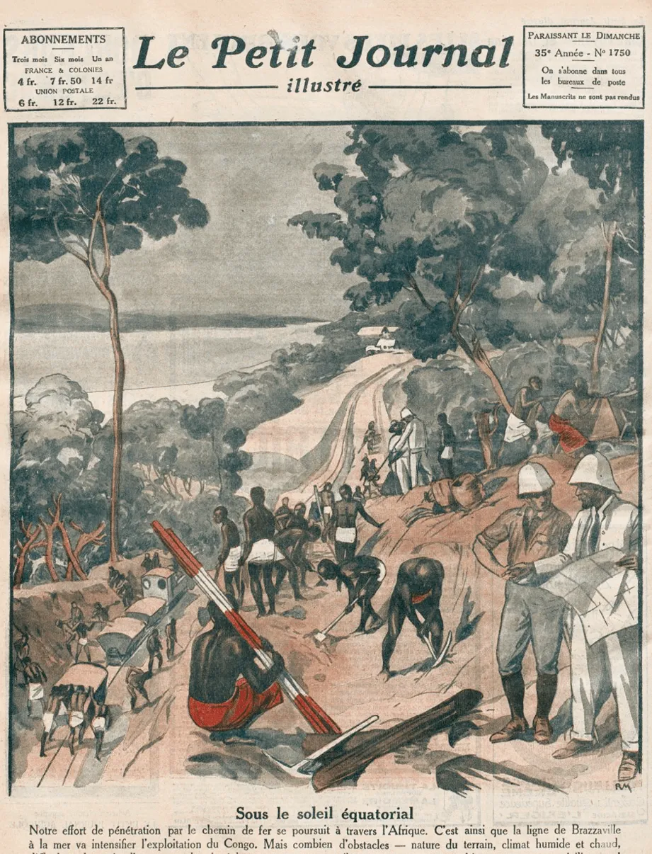 Illustration du Petit Journal illustré montrant la construction d'une voie ferrée au Congo, sous un soleil équatorial. Des ouvriers africains travaillent dur, supervisés par des européens.