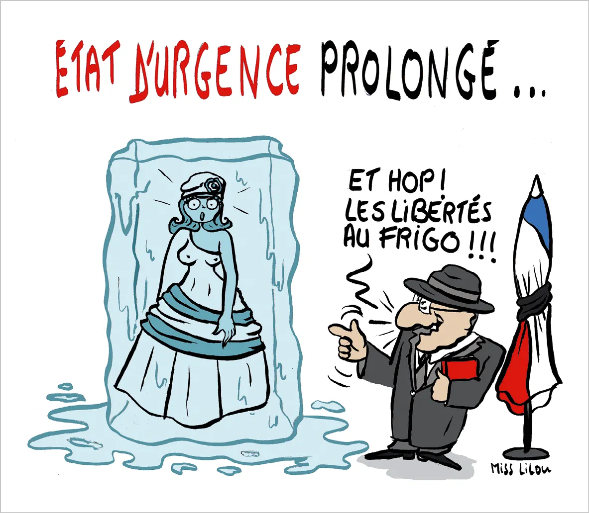 Dessin satirique: une femme figée dans un bloc de glace, symbolisant les libertés restreintes pendant l'état d'urgence prolongé.