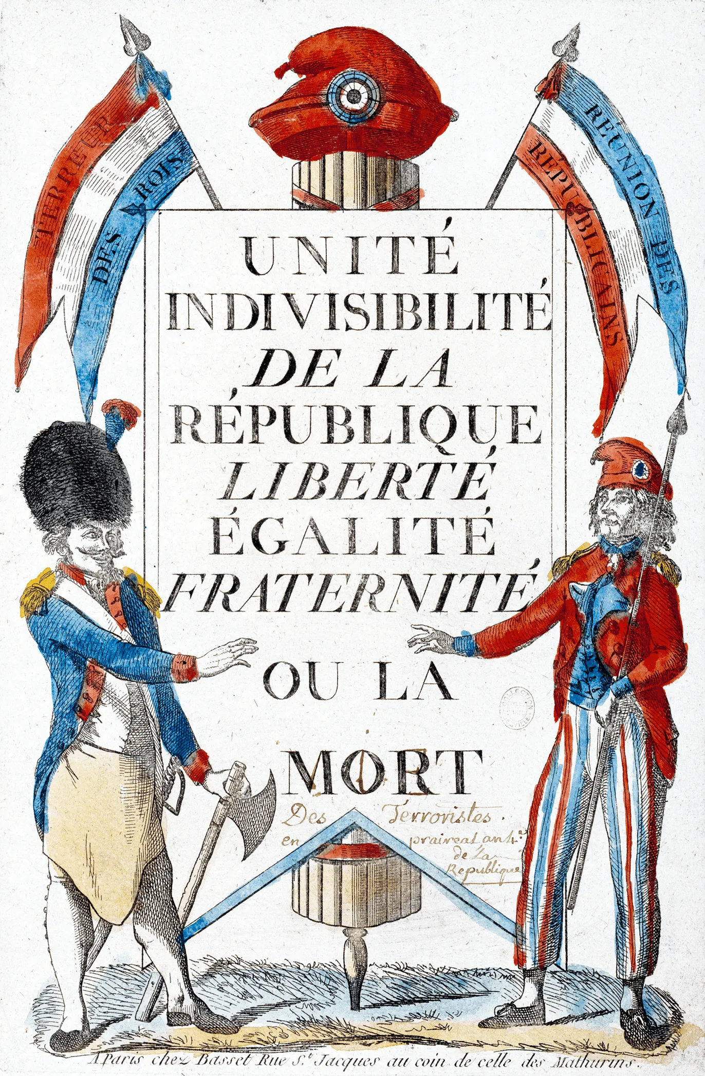 Gravure sur laquelle on peut lire : Unité indivisibilité de la république Liberté Égalité Fraternité ou la mort.