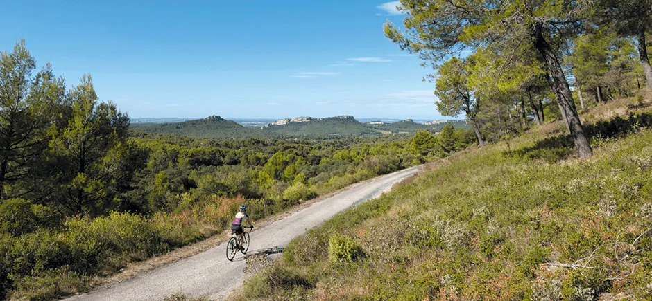 Photographie d'une personne à vélo sur une route de campagne