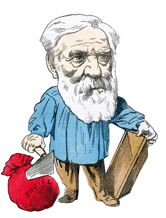illustration d'un homme barbu, un maçon, avec des outils et un baluchon rouge.