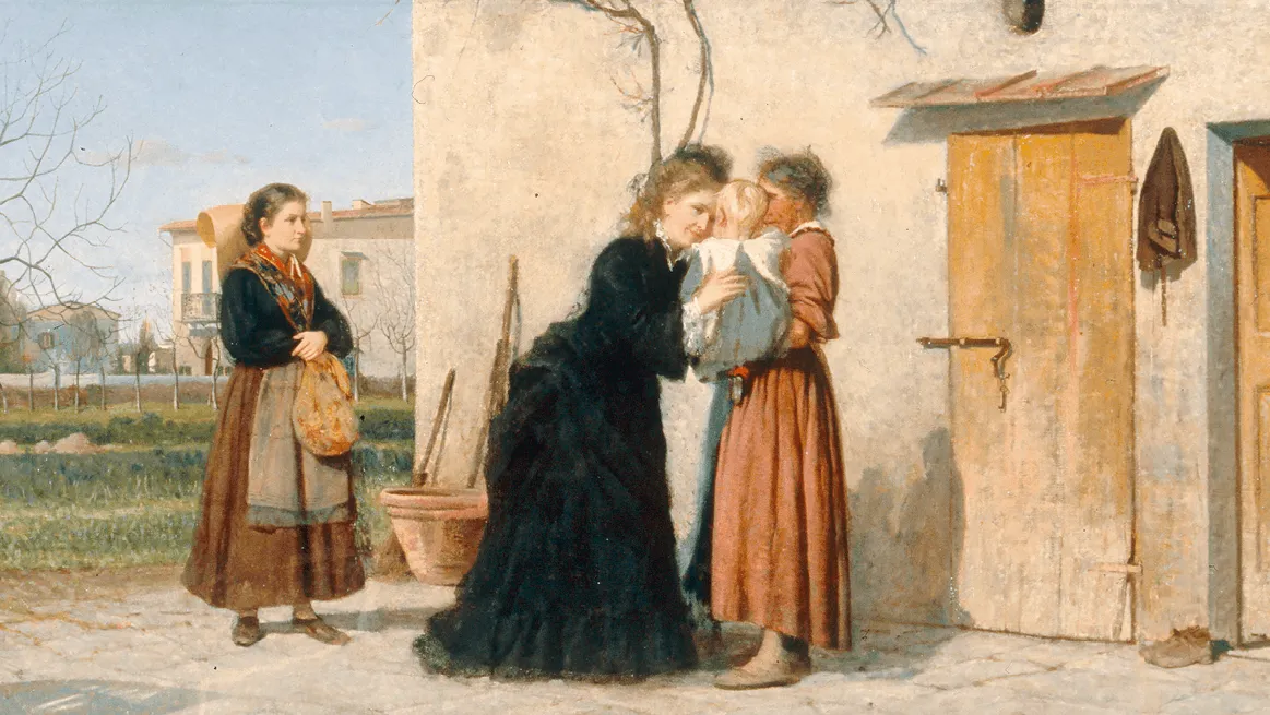 Silvestro Lega, Visite chez la nourrice, 1873. Tableau représentant trois femmes et un bébé devant une maison