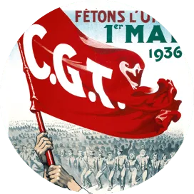 Affiche CGT 1er mai 1936: drapeau rouge, foule, célébration.