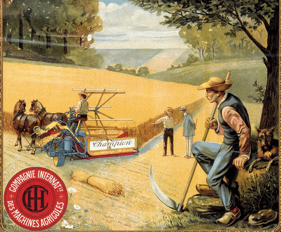 Illustration publicitaire 1912: moissonneuse Champion tractée par chevaux, paysans observant les moissons.  Machines agricoles.