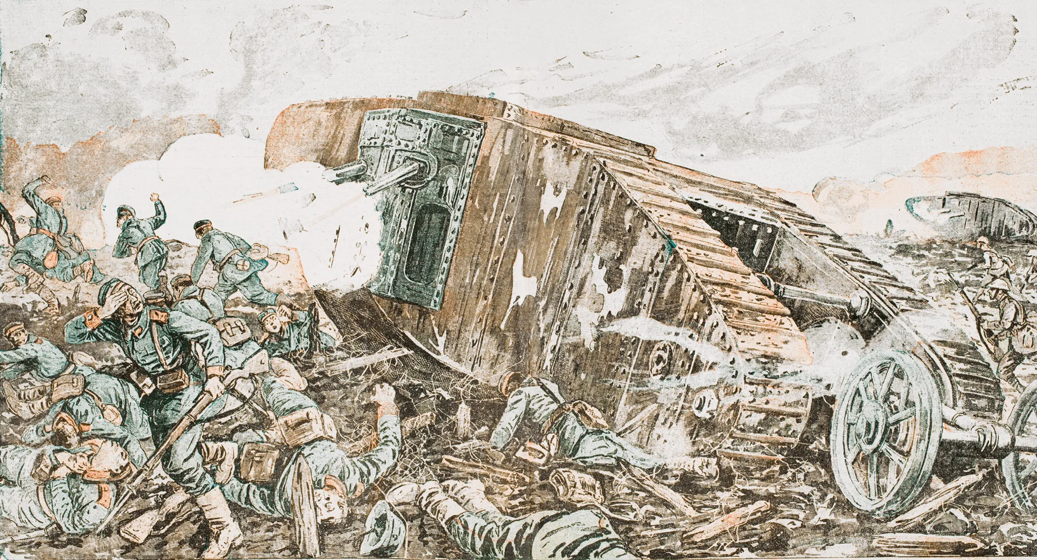 Un tank britannique dans la Somme, 1916, estampe en couleur publiée dans L'illustré National, collection particulière.
