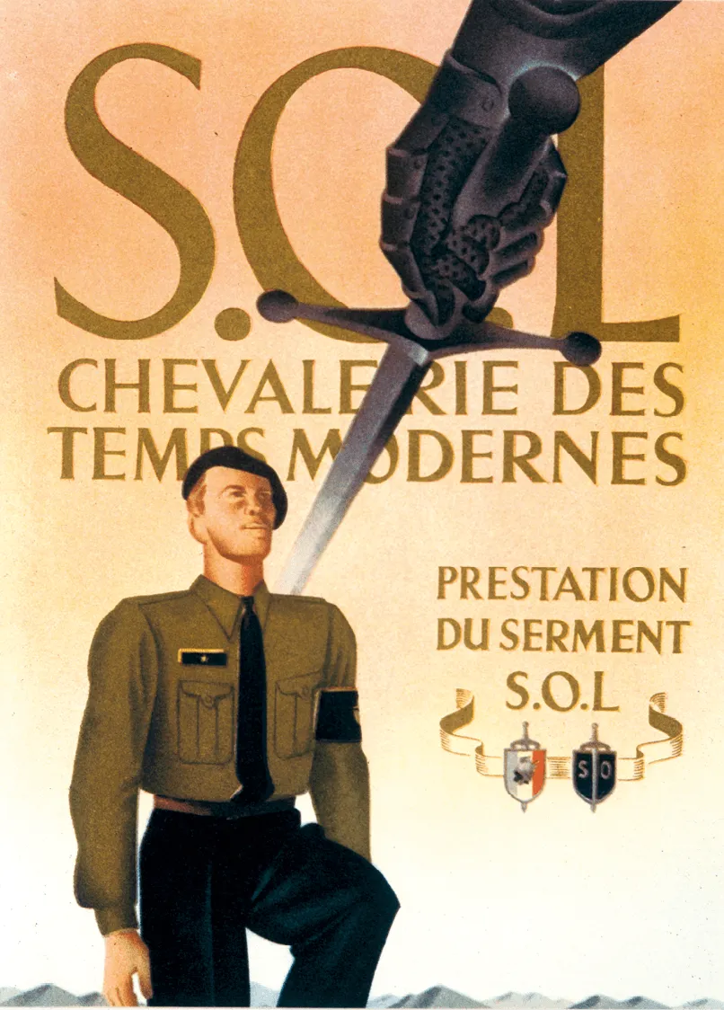 affiche du SOL, un soldat est adoubé par l'épée d'un chevalier. Il est inscrit S.O.L chevalerie des temps modernes, prestation du serment S.O.L.