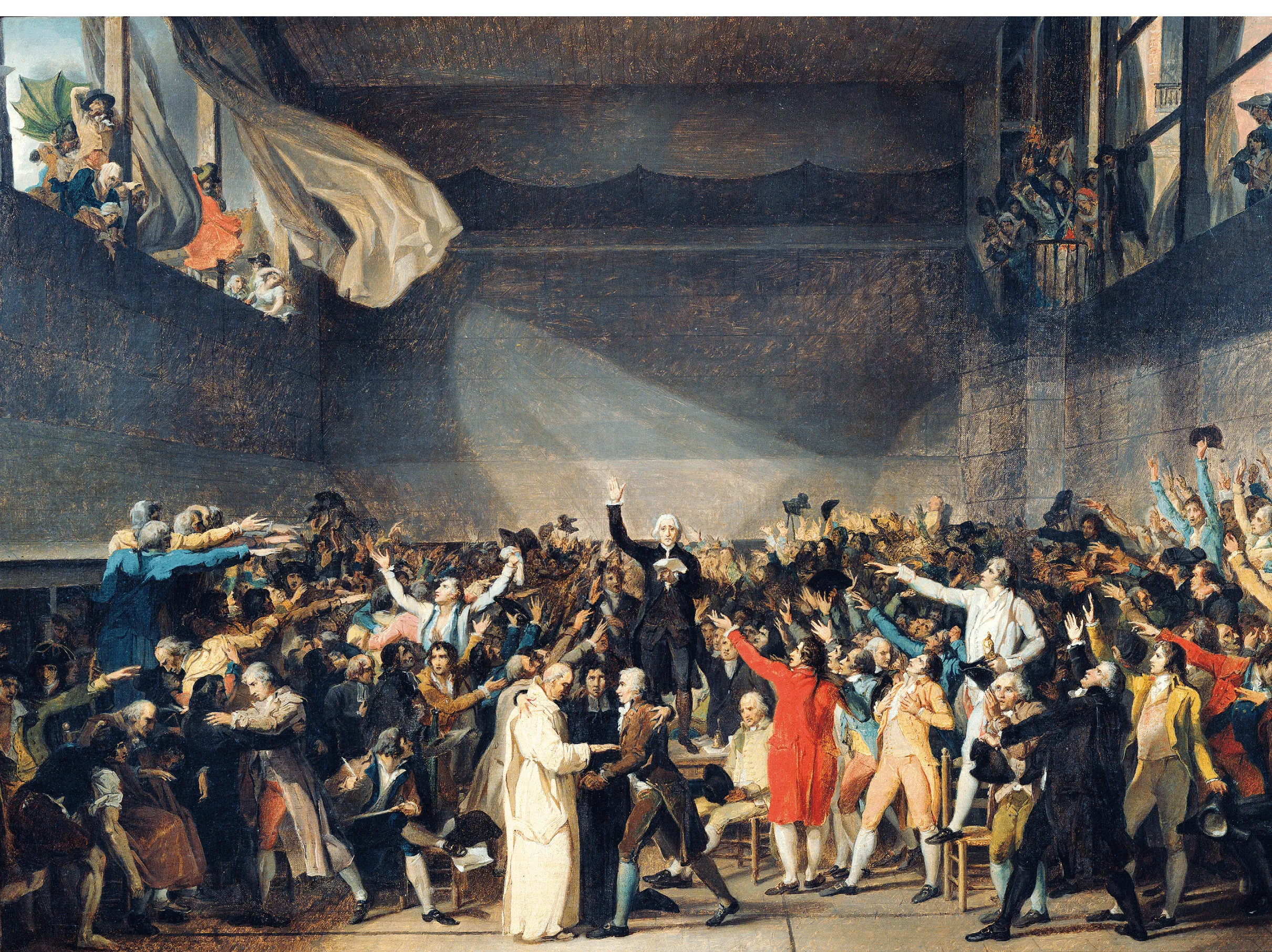 Peinture de Jacques-Louis David, Le Serment du Jeu de Paume, représentant des députés du Tiers-État prêtant serment dans une salle, bras levés.