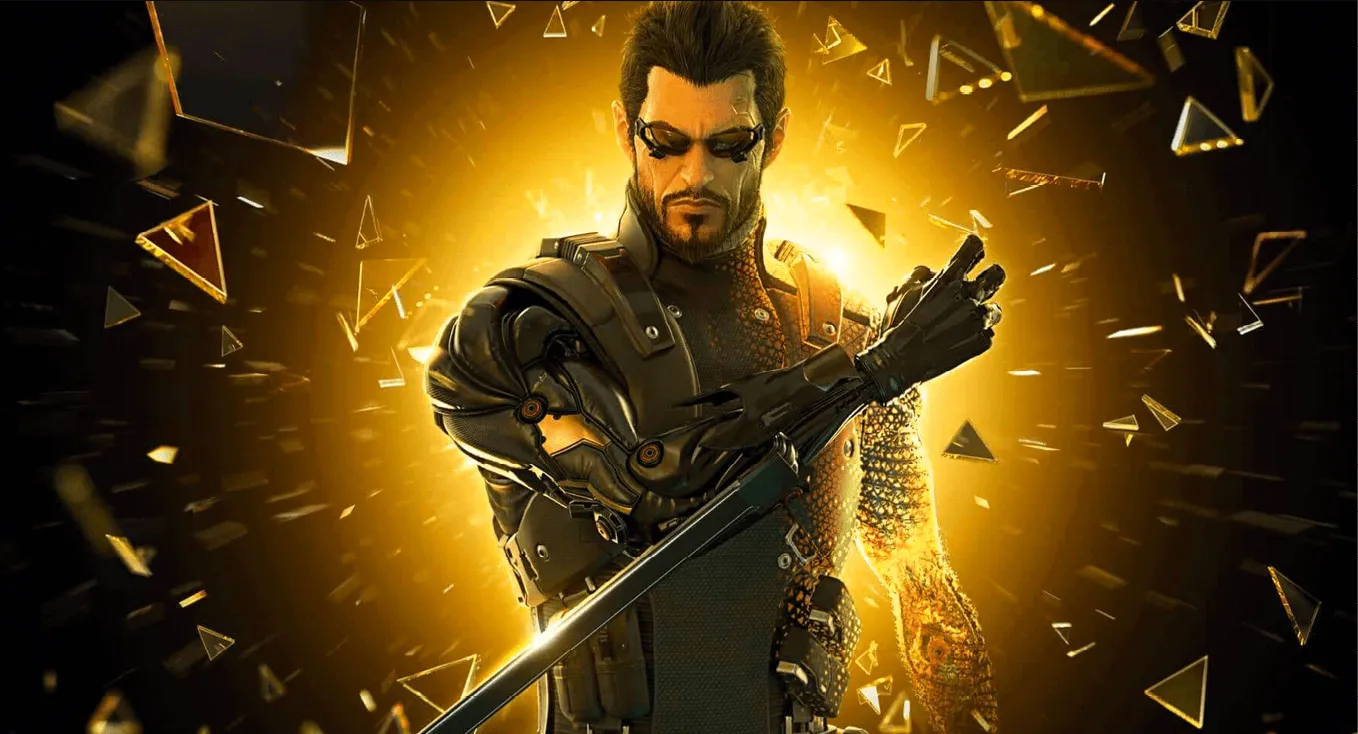 Illustration du jeu vidéo Deus Ex : Human Revolution, Adam Jensen, personnage principal cybernétiquement augmenté, brandit une arme dans un halo doré.