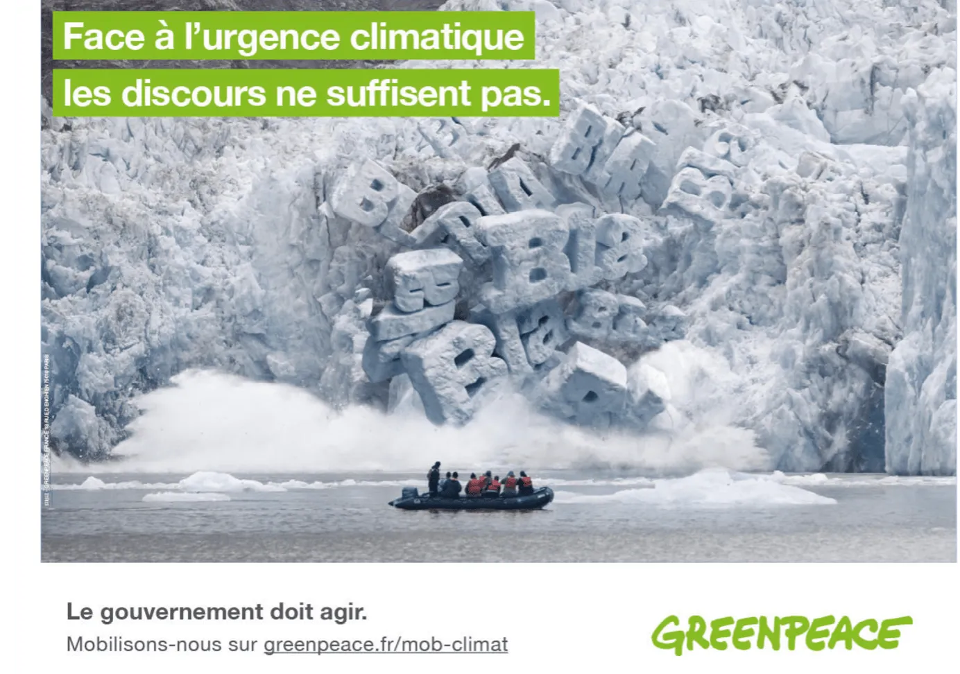 Photo Greenpeace : glacier se brisant, formant des lettres 'blabla' ; bateau avec militants, dénonçant inaction politique face au climat.