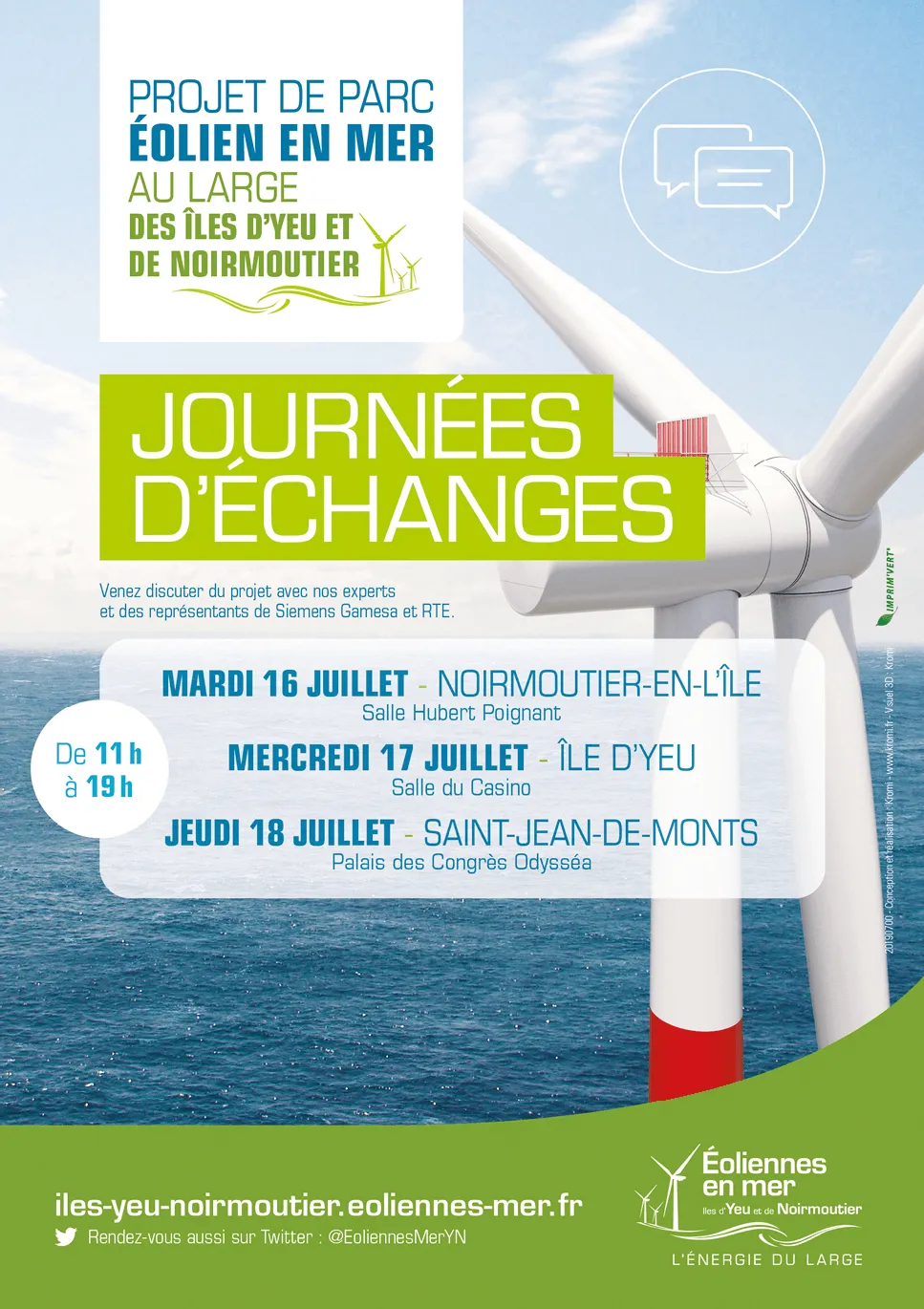 Affiche annonçant des journées d'échanges sur un projet de parc éolien en mer aux îles d'Yeu et de Noirmoutier. Dates et lieux indiqués.