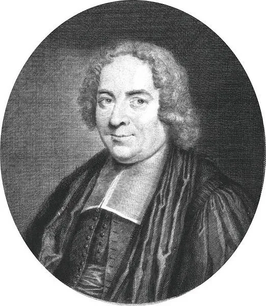 Gravure en noir et blanc, portrait de Pierre Varignon, mathématicien français.