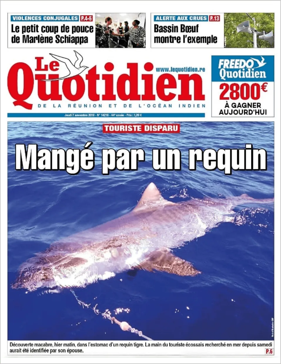 Une de journal après une attaque de requin à La Réunion