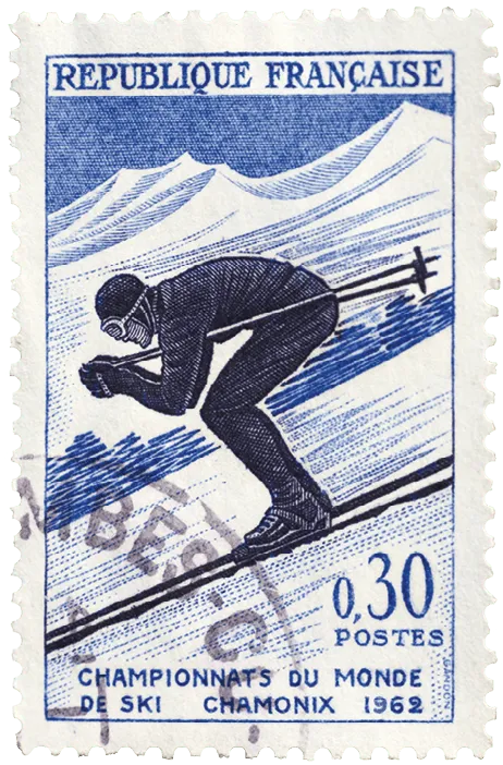 Timbre français de 1962, représentant un skieur en pleine descente lors des Championnats du monde de ski à Chamonix.  Image bleue et blanche.