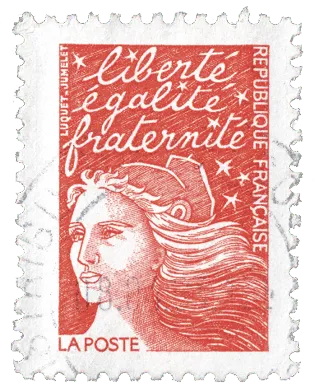 Timbre-poste rouge représentant Marianne, avec la devise Liberté, Égalité, Fraternité.