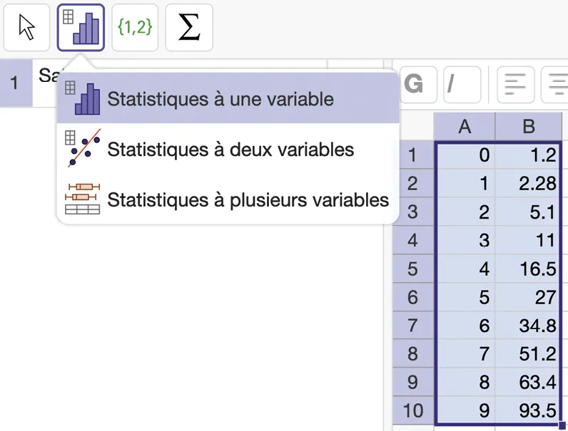 Capture d'écran de GeoGebra montrant un tableau de données pour des statistiques à une variable.