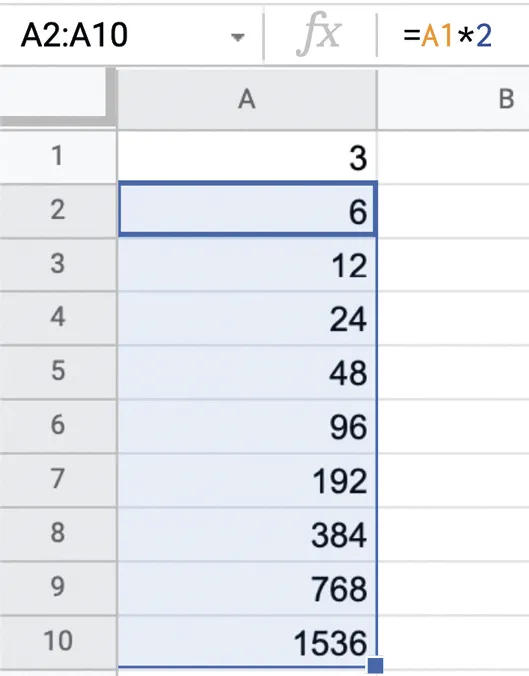 Capture d'écran d'un tableur montrant une formule multipliant la valeur de la cellule A1 par 2.