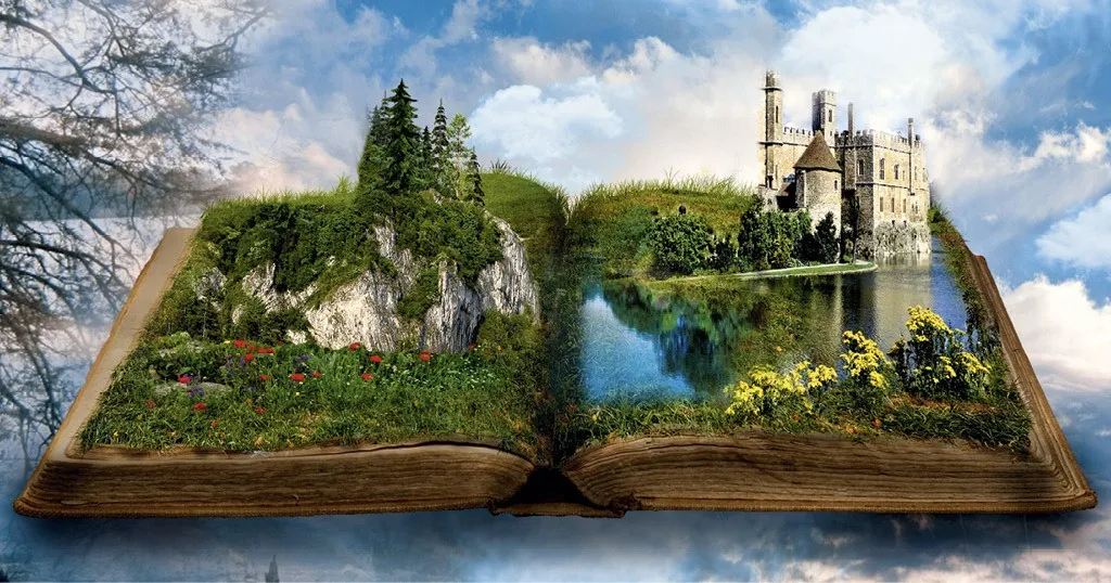 Peinture fantasy : un livre ouvert révèle un paysage enchanteur avec château médiéval, végétation luxuriante et lac. Image onirique.