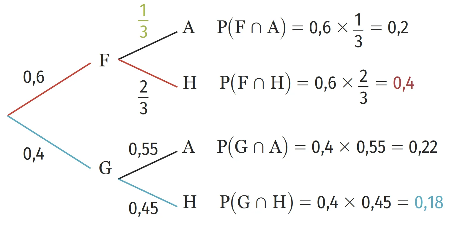 Diagramme en arbre de probabilités montrant des calculs de probabilités conditionnelles avec les événements F et G, et les événements A et H.