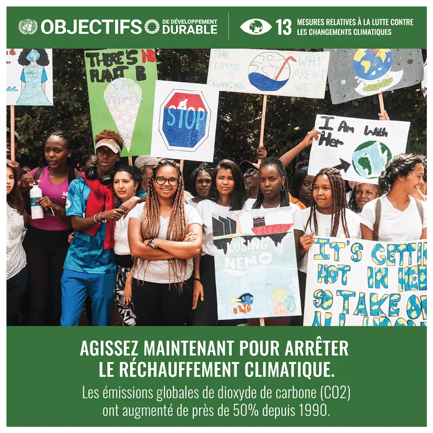 Manifestation pour le climat : des jeunes brandissent des pancartes dénonçant le réchauffement climatique et ses conséquences.  Action collective pour la planète.