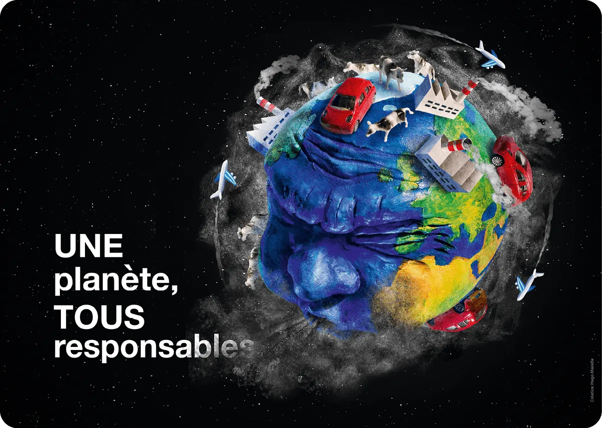 Image : Terre stylisée souffrant, voitures, usines, avions polluant.  Message : Une planète, tous responsables.