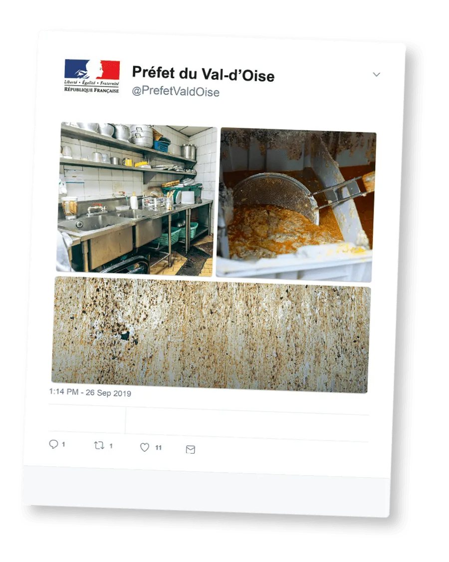 Capture d'écran d'un tweet du préfet du Val-d'Oise annonçant la fermeture d'un restaurant pour cause d'hygiène douteuse. Photos de cuisine sale et d'huile de friture usagée.