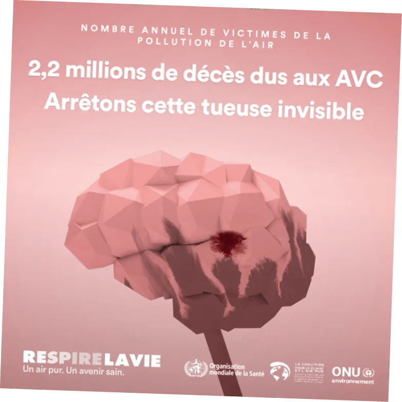 Infographie : cerveau stylisé avec tache rouge, illustrant les 2,2 millions de décès annuels dus aux AVC liés à la pollution de l'air. Campagne ONU &quotRespire la vie".