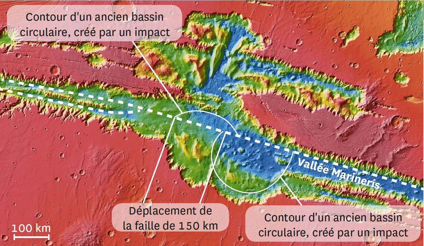 Image en fausses
couleurs présentant une
vallée et un ancien cratère
d'impact.