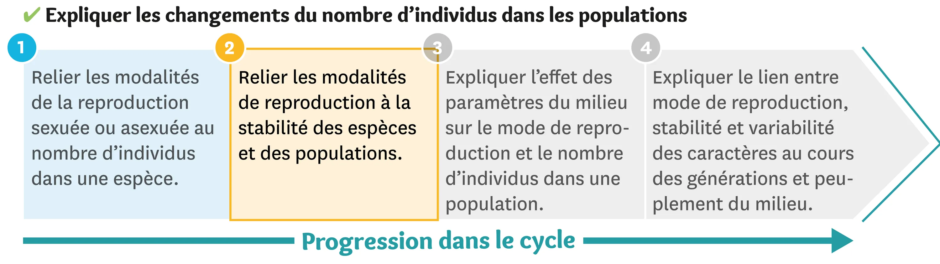 Illustration de la progression dans le cycle: étape 2: relier les modalités de reproduction à la stabilité des espèces et des populations.