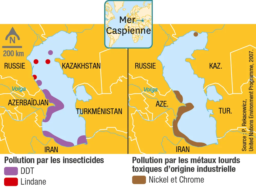Carte de la pollution de la mer Caspienne : pesticides (DDT, Lindane) et métaux lourds (Nickel, Chrome).