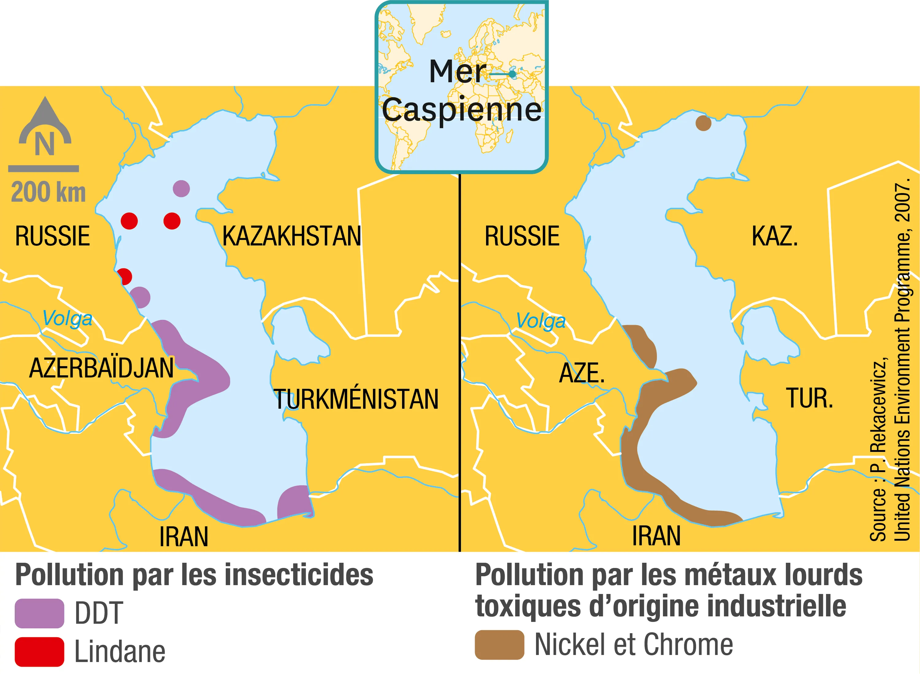 Carte des polluants dans la mer Caspienne.