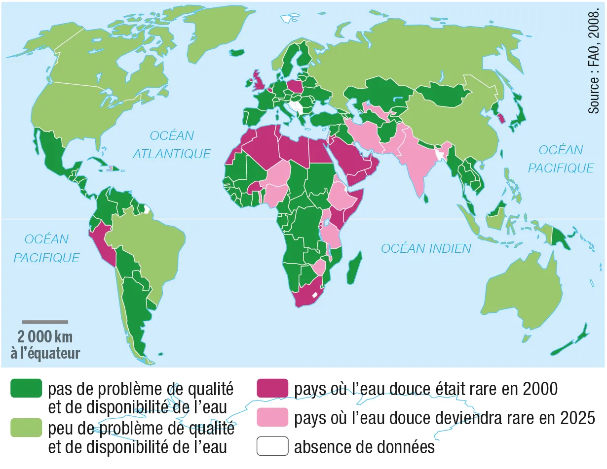 Carte mondiale de la rareté de l'eau douce en 2000 et 2025. Code couleur: vert foncé (abondante), vert clair (peu de problèmes), rose (rare), rose foncé (rare en 2000).