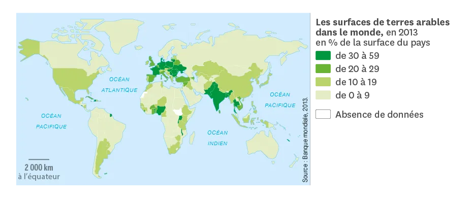 Carte des terres arables dans le monde en 2013.