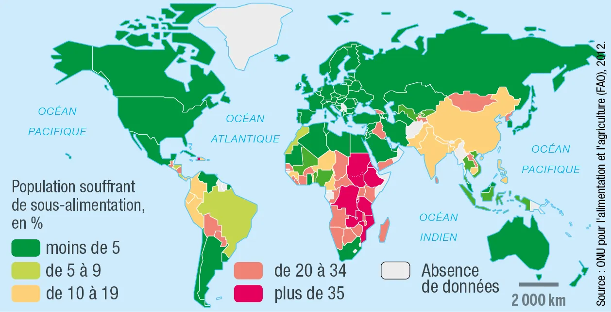 Carte de 2012 montrant le pourcentage de la population souffrant de sous-alimentation par pays. L'Afrique subsaharienne est la plus touchée.