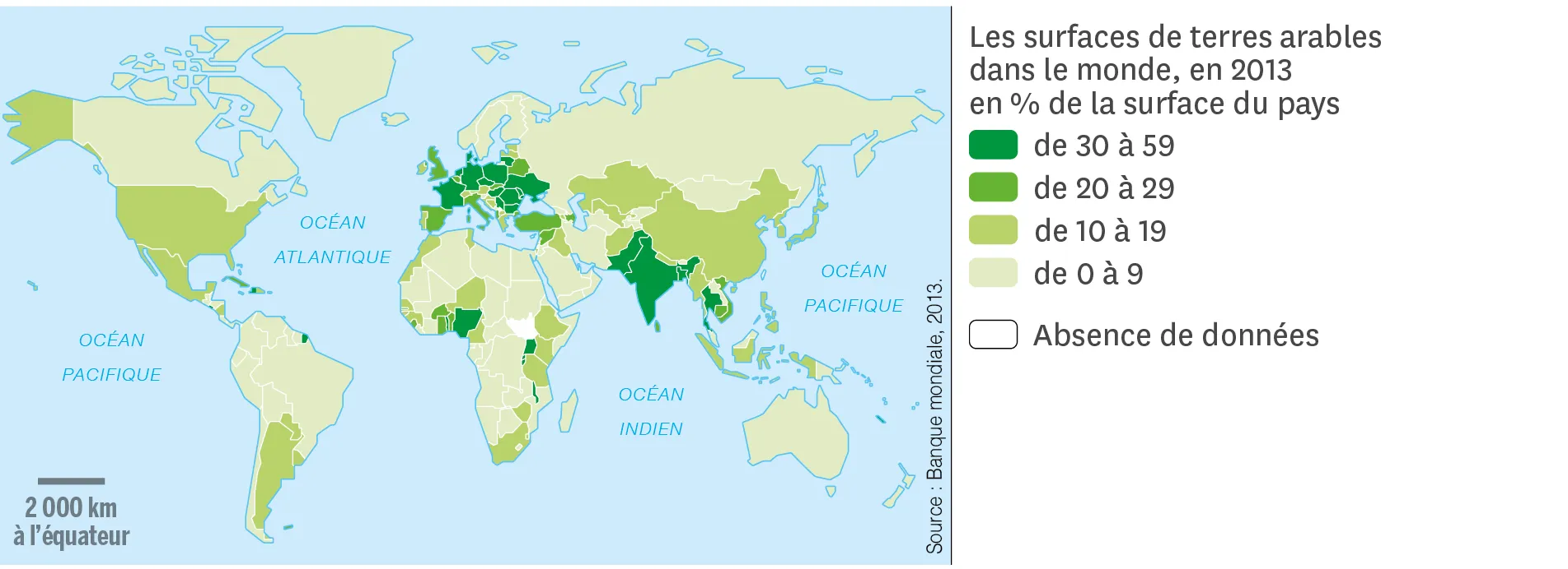 Carte mondiale 2013 des terres arables : pourcentage par pays. Vert foncé (30-59 %), vert clair (20-29 %), jaune clair (10-19 %), beige (0-9 %).