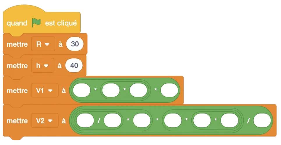 Capture d'écran de code Scratch : blocs empilés pour définir des variables (R, h, V1, V2) et leurs valeurs lors d'un clic sur le drapeau.