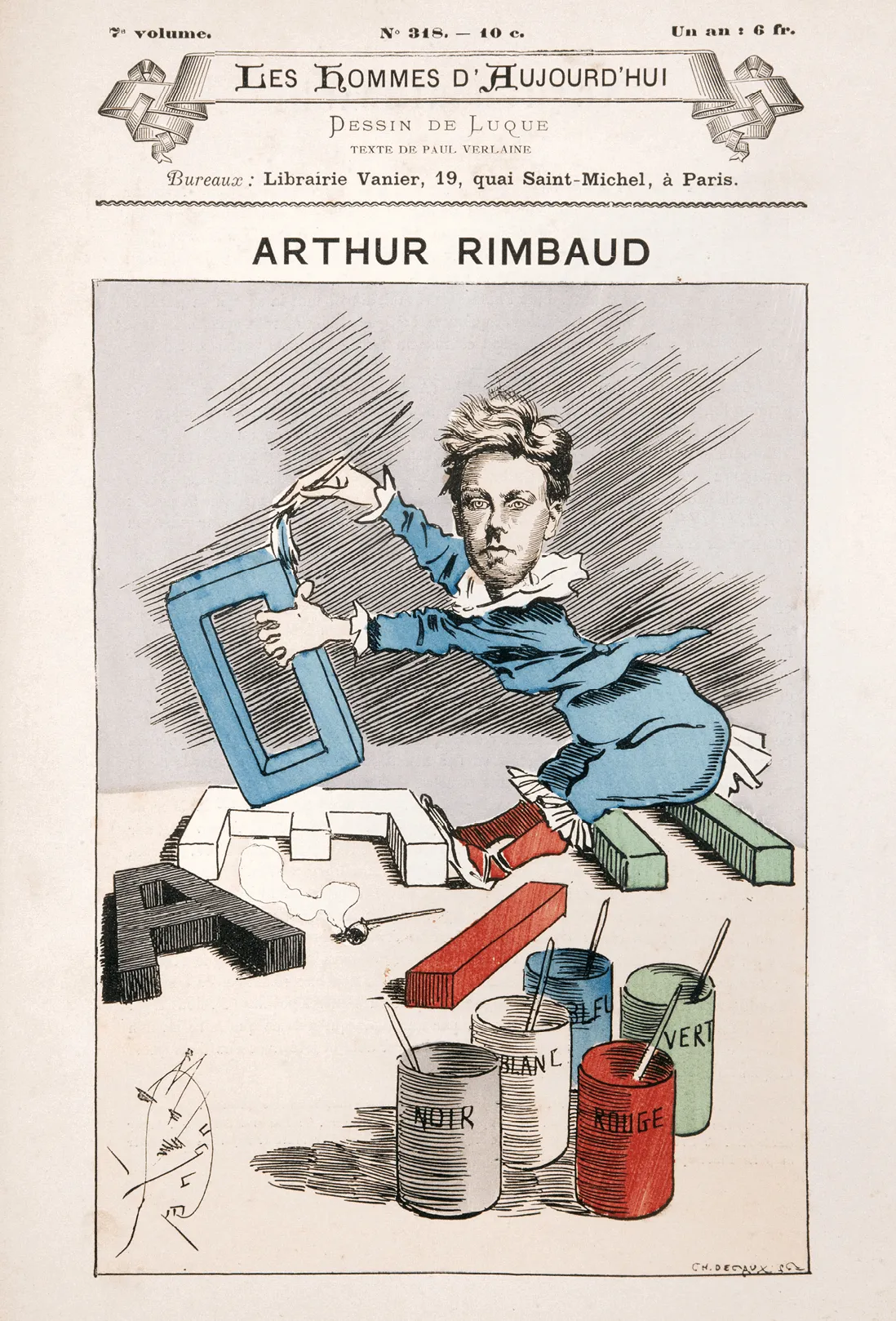 Caricature de Manuel Luque, « Rimbaud aux voyelles », revue
<i>Les Hommes d'aujourd'hui</i>, janvier 1888.