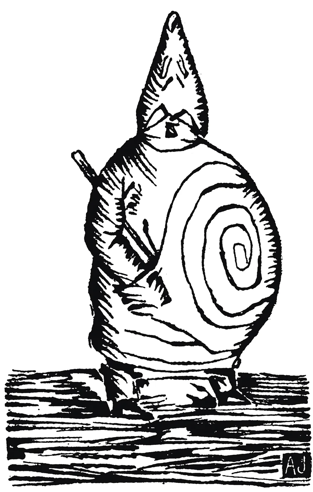 Dessin au trait noir représentant le Père Ubu, personnage vêtu d'une longue robe et coiffé d'un bonnet conique, tenant un bâton.