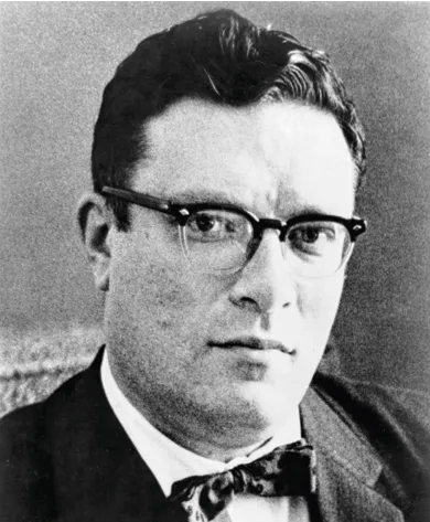 Photographie en noir et blanc d'Isaac Asimov, auteur de science-fiction, portant des lunettes et un nœud papillon.