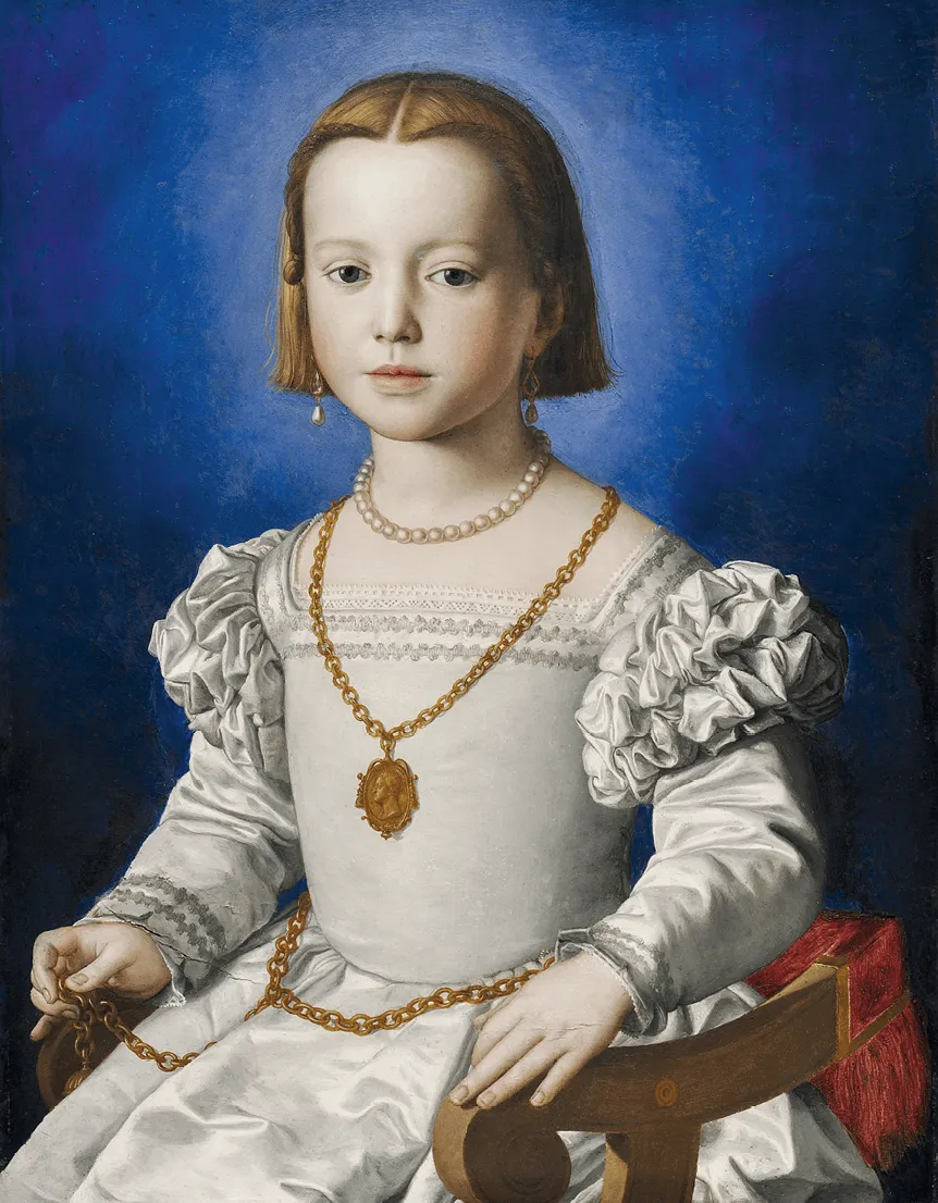 Portrait peint de Bia de Médicis par Agnolo Bronzino : jeune fille aux cheveux blonds, vêtue d'une robe blanche ornée de bijoux.