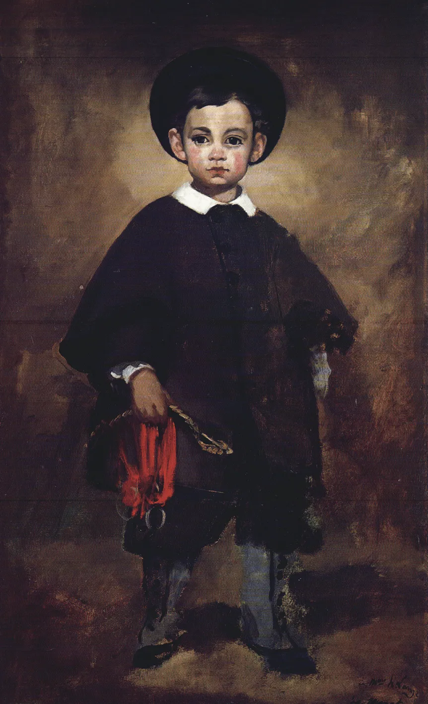 Peinture à l'huile d'Edouard Manet, portrait d'un jeune garçon vêtu d'un manteau sombre tenant un objet rouge.