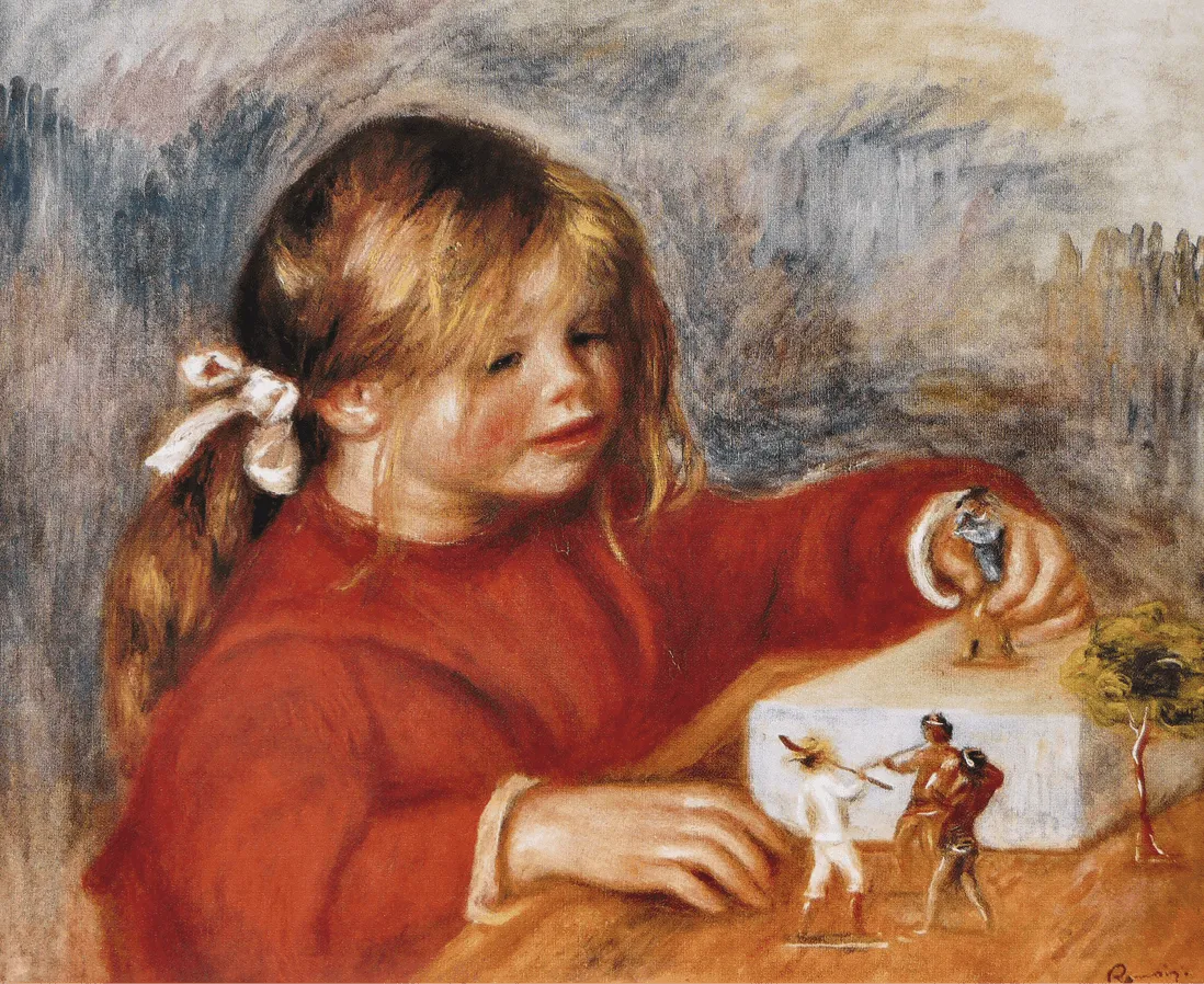 Peinture impressionniste d'Auguste Renoir. Une fillette aux cheveux blonds attachés joue avec des figurines représentant une scène animée.