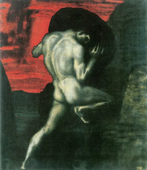 Peinture de Franz von Stuck, Sisyphe, homme nu peinant à pousser un énorme rocher, ciel rouge sang.