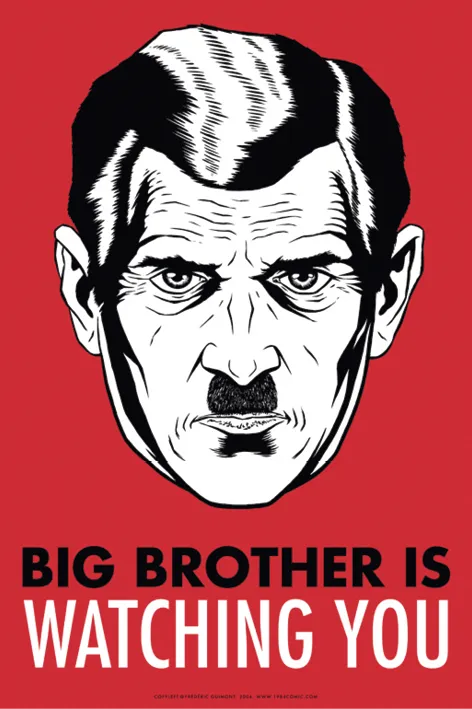 Illustration : Gros plan sur un visage stylisé, rappelant Big Brother, observant le spectateur. Affiche rouge et noire.