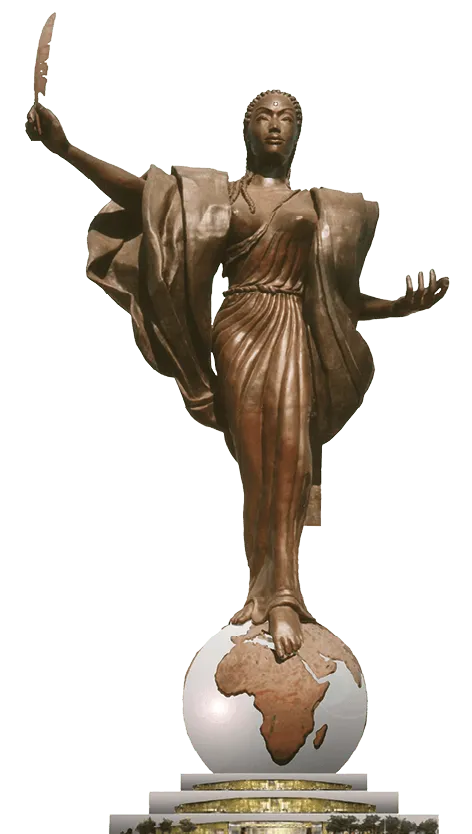 Statue bronze, Mère de l'humanité, tenant une plume, debout sur un globe terrestre.