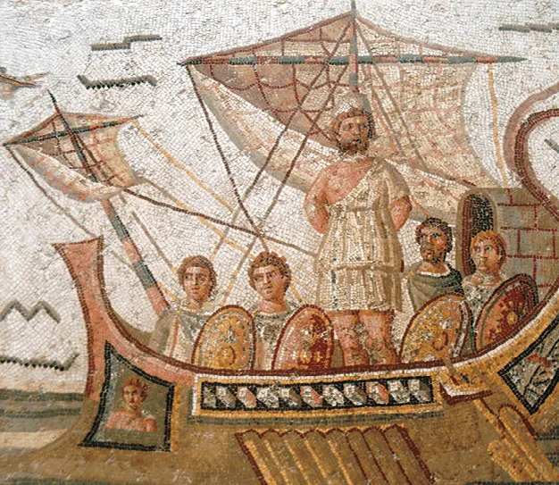 Mosaïque romaine antique représentant Ulysse et ses hommes sur un navire, résistant au chant des sirènes.