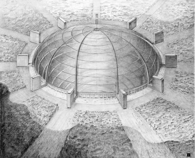 Dessin au crayon d'une immense structure en forme de dôme souterrain, entourée de bâtiments, vue aérienne.